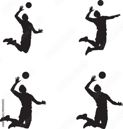 Four silhouette athletes jumping and hitting a volleyball in dynamic action poses
