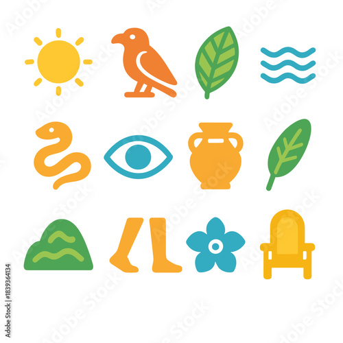 Ancient Icons in Color. Symbol-Based Ancient Messaging isometric flat set: circular sun, hawk form, leaf glyph, rippling water symbol, snake curve, protective eye, container glyph,