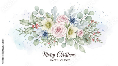 Christmas Floral Arrangement: A delicate arrangement of roses, leaves, and seasonal foliage, showcasing a harmonious blend of festive elements. Capturing a sense of warmth, beauty, and festive charm.