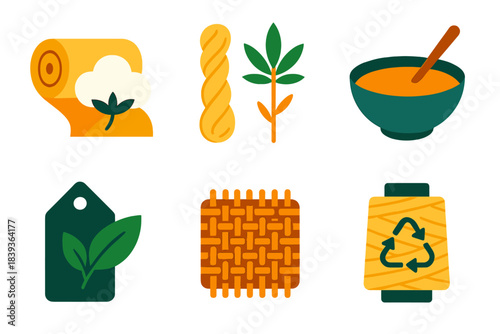 Sustainable Textile Icons. Eco-Friendly Textile Use flat set: organic cotton roll, hemp fiber strand, natural dye bowl, recycled thread, woven swatch, plant-based label.