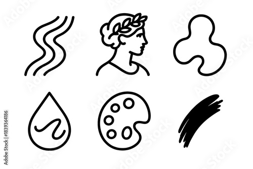 Creative Icon Set. Artistic Ideation Flow linear set: flowing lines, muse symbol, organic form, inspiration droplet, palette circle, expressive stroke.