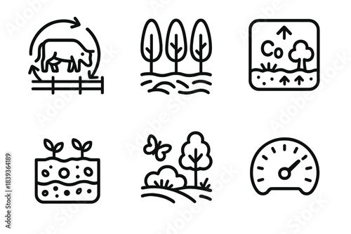 Eco-Farm Icons. Eco-Positive Farm Systems linear set: rotational grazing icon, perennial crop row, carbon cycle tile, soil health symbol, improved habitat patch, resilience dial.