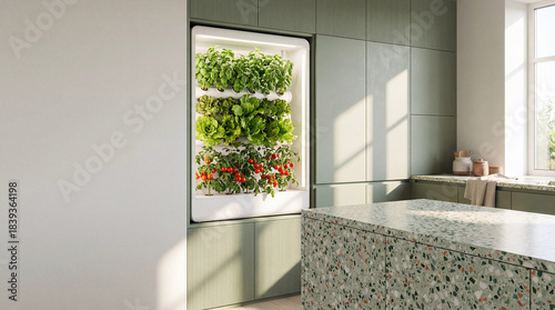 Modern Minimalist Kitchen Interior with Built-in Smart Hydroponic Vertical Garden for Fresh Herbs and Vegetables