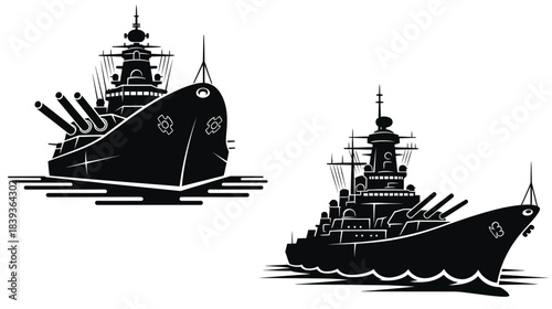 Illustrative depiction of two black silhouette battleships sailing on water waves