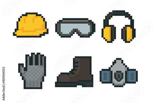Safety Gear Icons. Personal Protection Set set of icons in flat pixel vector style: hard hat, goggles, ear protection, cut-resistant gloves, steel-toe boots, filtered mask.