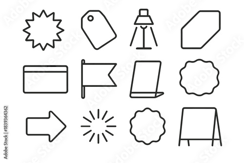 Promotional Icon Set. Store Promotion Elements linear set: sale burst icon, discount label, feature spotlight, limited-offer tag, price highlight bar, promo pennant, shelf card,