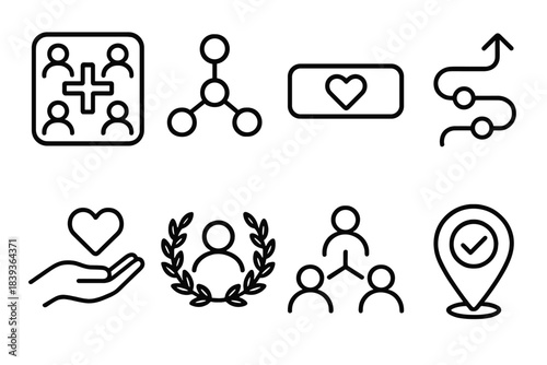 Holistic Care Icons. Holistic care frameworks linear set: care coordination tile, service link node, wellness bar, guidance pathway, support emblem, provider network icon,