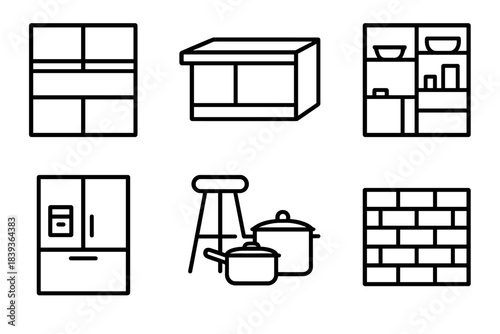 Modern Kitchen Icons. Contemporary Kitchen Elements linear set: flat-panel cabinets, quartz island, under-cabinet lighting, modular shelving, smart fridge icon, stool silhouette,