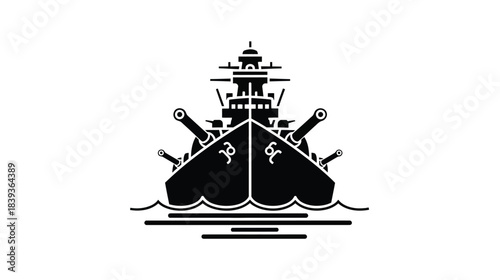 A black and white illustration of a battleship sailing on wavy water