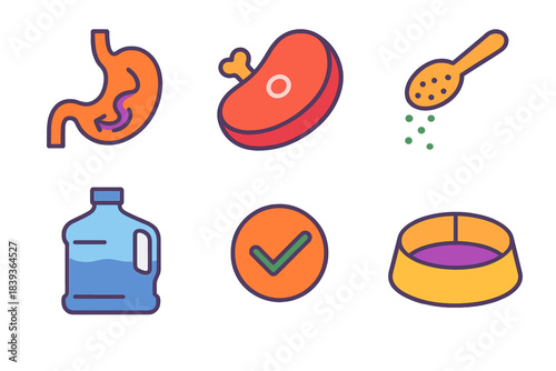 Pet Nutrition Icons. Pet Nutrition Support flat set: digestive aid icon, lean meat piece, probiotic sprinkle, water refill jug, calorie check mark, meal divider.