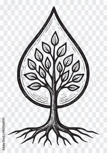 Hand-Drawn Tree of Life in a Water Drop Symbol