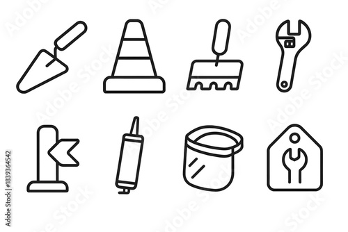 City Repair Icon Set. City Fix Tools linear set: patch trowel, street cone, asphalt spreader, utility wrench, curb marker, sealant tube, safety visor, repair tag.