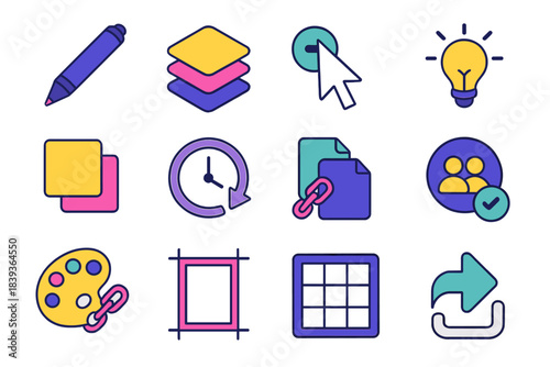 Modern Co-Creation Icons. Online Co-Creation Elements isometric flat set: stylus pen, layered shapes, co-edit cursor, idea lightbulb, sticky notes, version history clock, linked