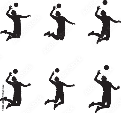 Six silhouettes of volleyball players jumping and serving during a match