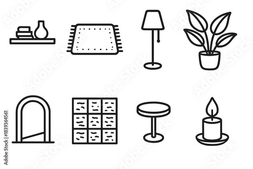 Modern Home Elements. Balanced Ambient Layouts linear set: floating shelf, center rug, corner lamp, potted greenery, open walkway, texture wall tile, small side table, warm candle