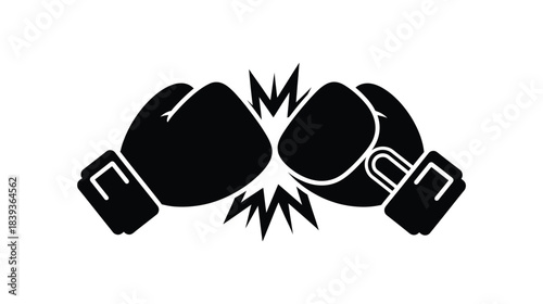 Black boxing gloves colliding with a starburst impact design in white
