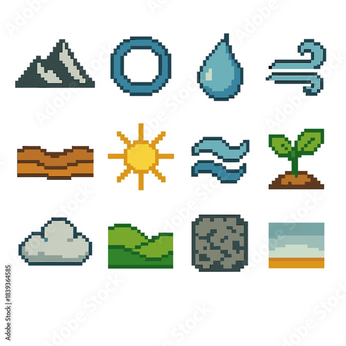 Earth-Sky Icon Set. Earth–Sky Unity pixel style set: mountain crest, sky ring, dew drop, wind ribbon, terrain line, bright sunbeam, tidal ripple, growing shoot, cloud drift, meadow