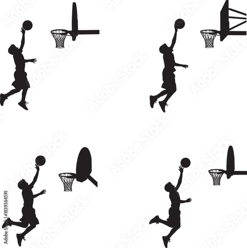 Four silhouette basketball players dunking and shooting 