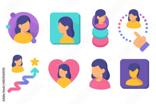 Colorful Isometric Icons. Virtual persona models flat isometric set: avatar node, profile tile, behavior stream bar, interaction arc, preference path, engagement icon, identity