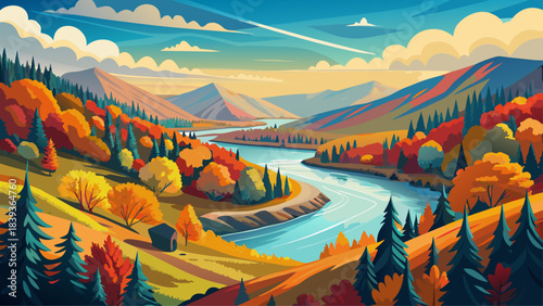Very beautiful winding river in Vermont surrounded by bright autumn foliage, rolling hills, and soft sky reflections creating a peaceful seasonal landscape.