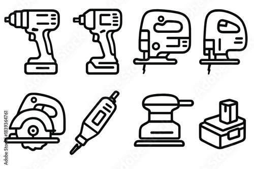 Essential Power Tools. Power tools linear set: cordless drill, impact driver, circular saw, jigsaw, angle grinder, rotary tool, power sander, battery pack.