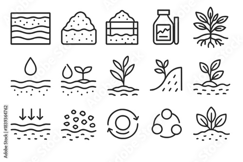 Soil Health Icons. Earth Care Concepts linear set: soil strata, humus layer, compost heap, root zone, irrigation droplet, soil test kit, cover crop sprig, slope stabilizer, water
