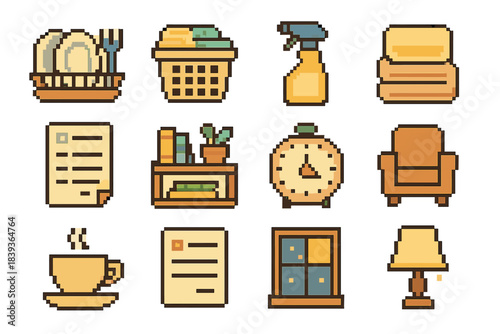 Home Routine Icons. Home Routine pixel style set: dish rack, laundry basket, cleaning spray, folded towel, grocery list, tidy shelf, kitchen timer, cozy chair, evening tea, daily