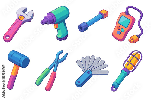 Colorful Auto Tools Icons. Auto workshop tools flat isometric set: adjustable wrench, impact driver, extension bar, diagnostic scanner, rubber mallet, hose remover, feeler gauge,