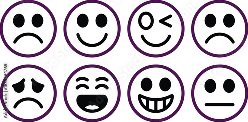 A set of eight simple, minimal, black and white line-art emoji icons enclosed in purple circles, depicting various emotions like happy, sad, surprised, and neutral, in a vector art style