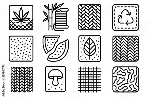 Eco-Friendly Textile Icons. Green Textile Alternatives linear set: hemp fabric tile, bamboo thread sample, linen weave strip, recycled poly-fiber patch, cork cloth square,