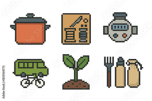 Sustainable Icons Collection. Sustainable Routine Design pixel style set: batch cooking pot, clothing repair kit, water meter, green transport line, home garden sprig, low-waste
