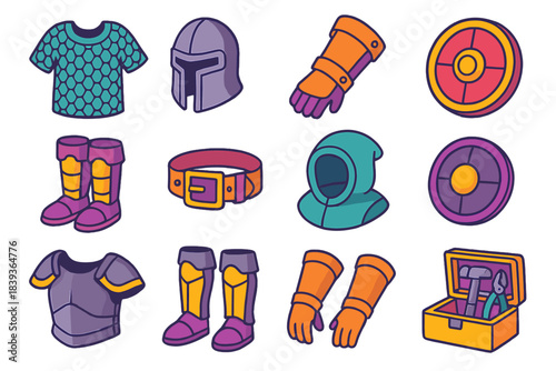 Isometric Battle Gear Icons. Protective Battle Equipment isometric flat set: chainmail shirt, plate helm, vambrace, targe shield, armored boots, reinforced belt, padded hood,