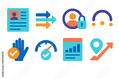 Health Data Icons. Health data transparency flat set: patient record tile, data flow bar, access log node, audit trail arc, consent icon, verification gauge, report panel, outcome