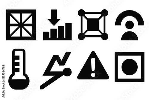 Brutalist Pressure Icons. Accumulated pressure frameworks silhouette set: tension tile, load bar, strain node, stress arc, resilience meter, feedback line, overload marker, result