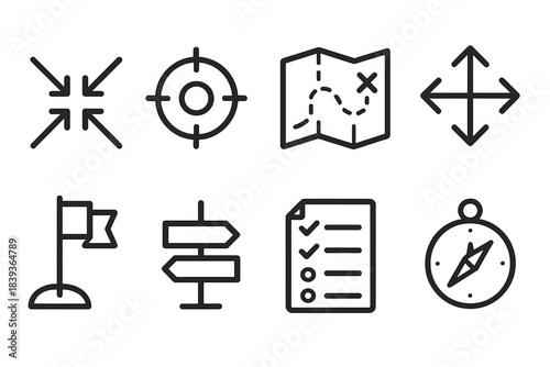 Unified Direction Icons. Unified direction icons linear set: convergence arrows, target point, planning map, coordination symbol, milestone flag, alignment bar, shared checklist,