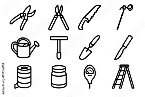 Arbor Care Tools. Arbor Care Tools linear set: bypass pruners, heavy lopper, pruning saw, pole cutter, irrigation can, soil sampler, mulch tool, root knife, trunk wrap, graft