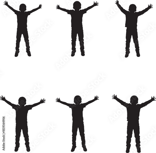 Silhouettes of a child in various jumping jack poses against a white background