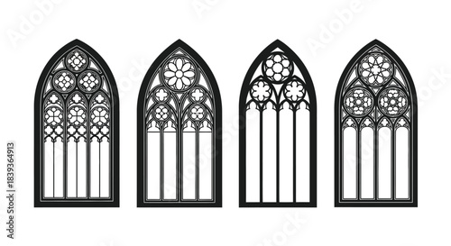 Four ornate gothic windows with detailed tracery and pointed arches displayed