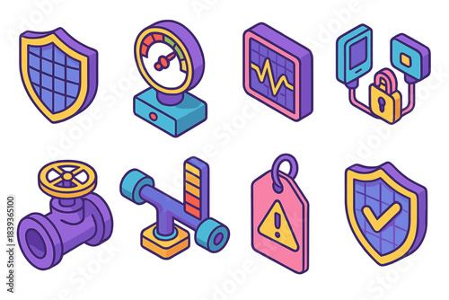 Utility Resilience Icons. Critical utility resilience flat isometric set: grid shield icon, pressure monitor unit, fault scan tile, secure comms link, valve controller, flow meter