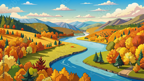 Very beautiful winding river in Vermont surrounded by bright autumn foliage, rolling hills, and soft sky reflections creating a peaceful seasonal landscape.