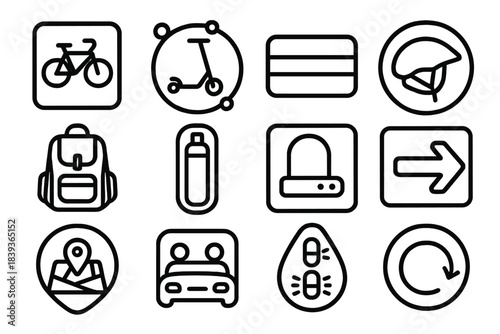 Urban Commuter Icons. Commuter Mobility Tools linear set: bicycle tile, electric scooter node, metro ticket bar, helmet ring, backpack patch, hydration bottle stripe, bike lock