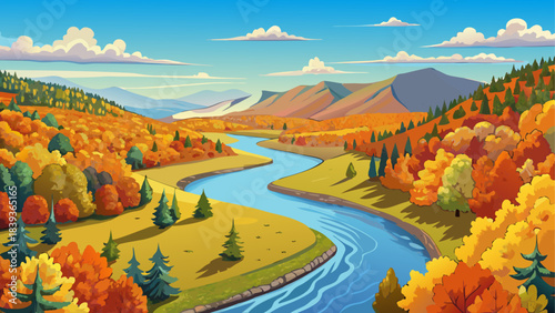 Very beautiful winding river in Vermont surrounded by bright autumn foliage, rolling hills, and soft sky reflections creating a peaceful seasonal landscape.