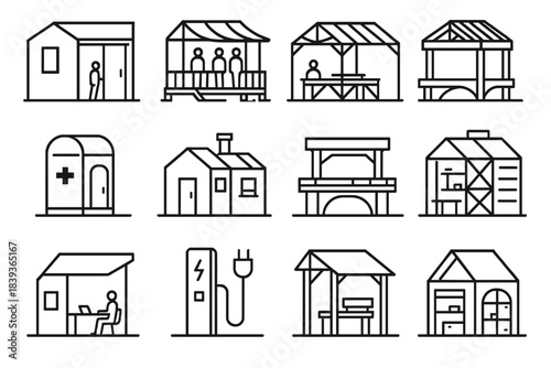 Innovative Urban Design Icons. Transforming Neighborhood Structures linear set: sliding wall home, adjustable community porch, open-frame market pavilion, compact health pod,