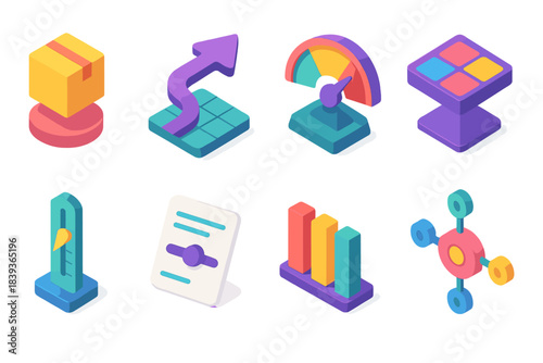 Isometric Sourcing Icons. Adaptive sourcing strategies flat isometric set: supplier node, flexible route arrow, demand gauge, sourcing palette tile, risk meter, contract slider,