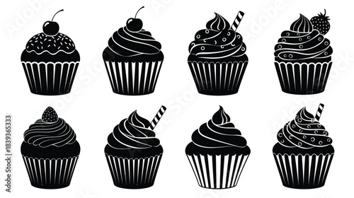 An assortment of beautifully decorated black and white silhouette cupcakes