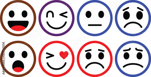 A set of eight simple, minimal, black and white line-art emoji icons enclosed in purple circles, depicting various emotions like happy, sad, surprised, and neutral, in a vector art style