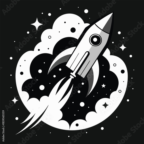 Stylized rocket launching through stardust, space travel design