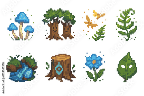 Enchanted Forest Icons. Enchanted Forest Ecosystem set of icons in flat pixel vector style: glowing mushrooms, whispering trees, sprite fireflies, magic fern, crystal brook,