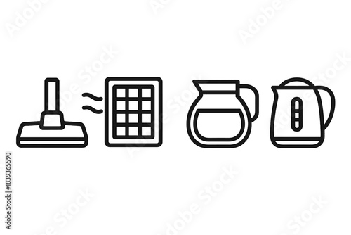 Household Utility Icons. Household Utility Devices linear set: vacuum cleaner nozzle, air purifier panel, coffee maker carafe.