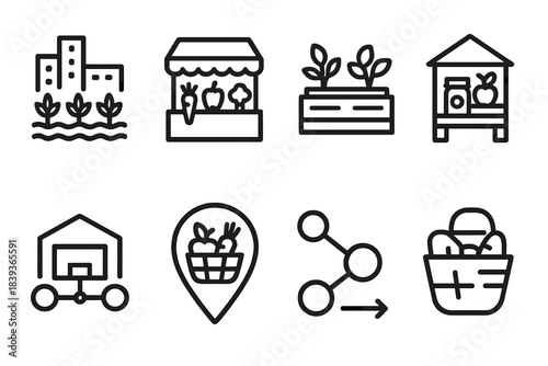 Urban Food Network Icons. City-based food networks linear set: urban farm tile, local market node, delivery route bar, rooftop garden patch, community pantry icon, distribution hub